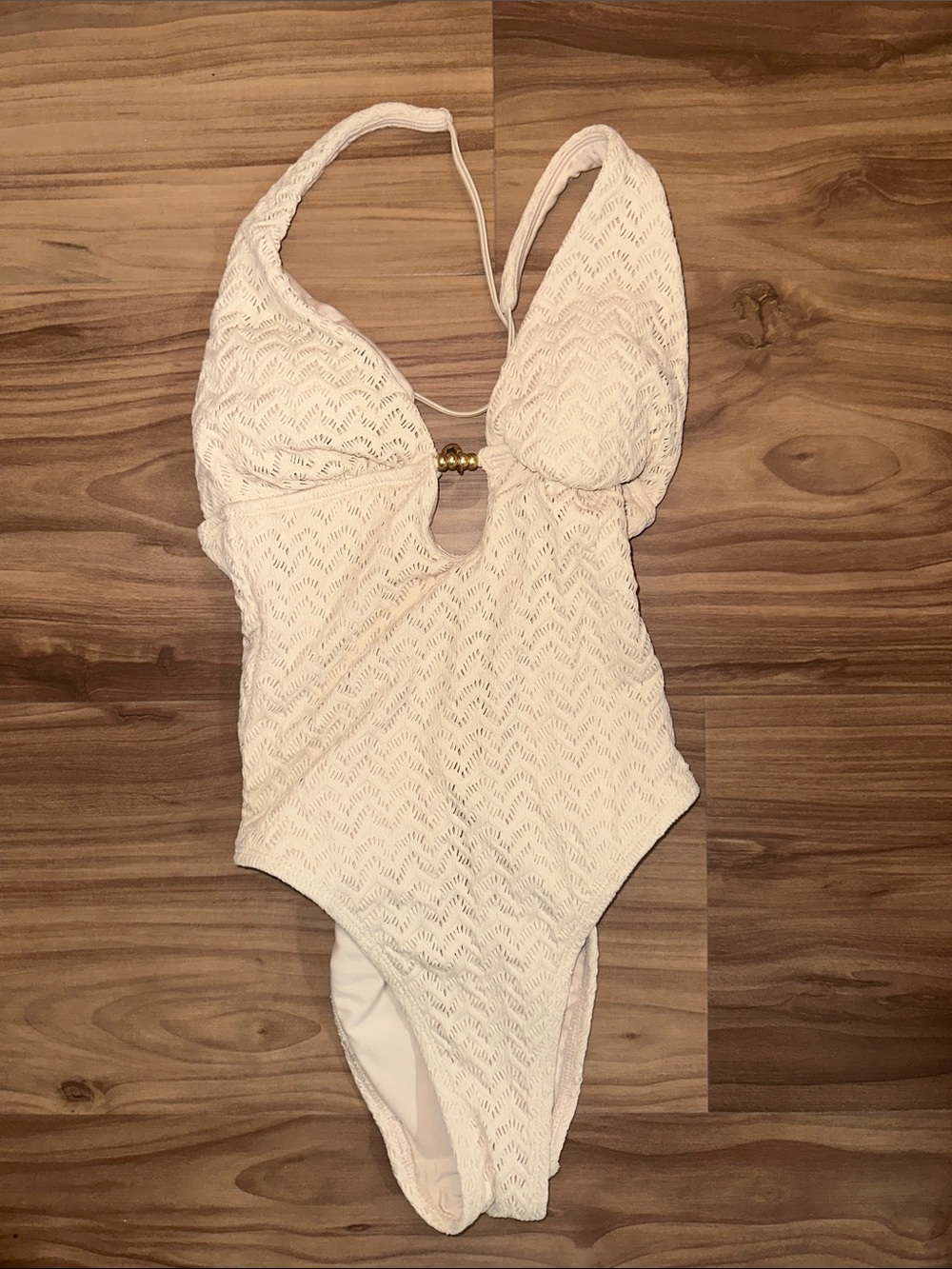 Shade & Shore Cream Lace Halter One-Piece Swimsuit with Gold Accent